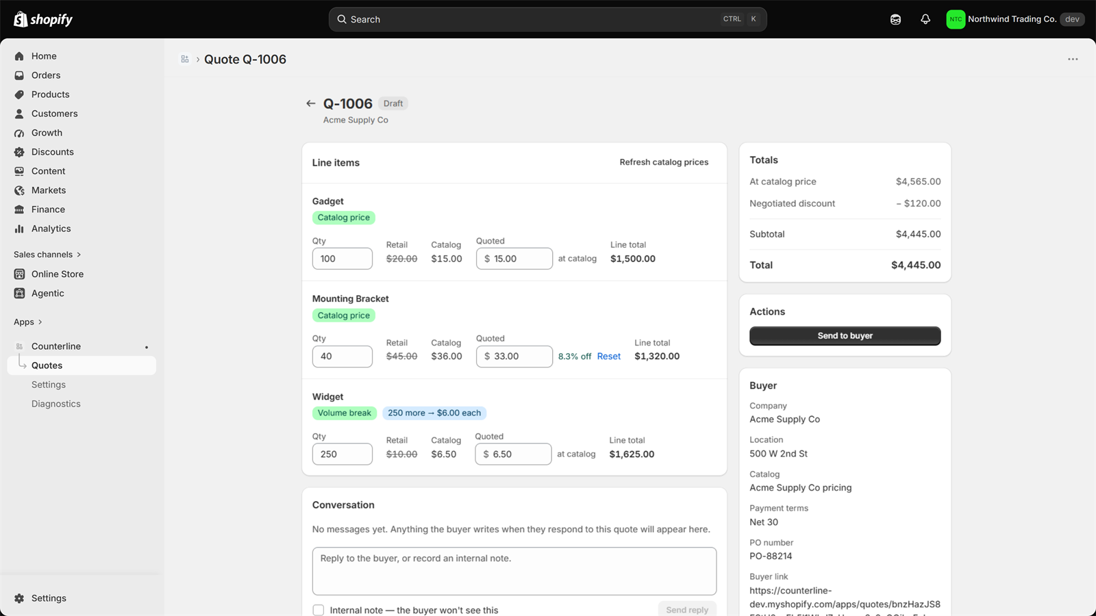 Quote lines showing retail, catalog and quoted figures side by side