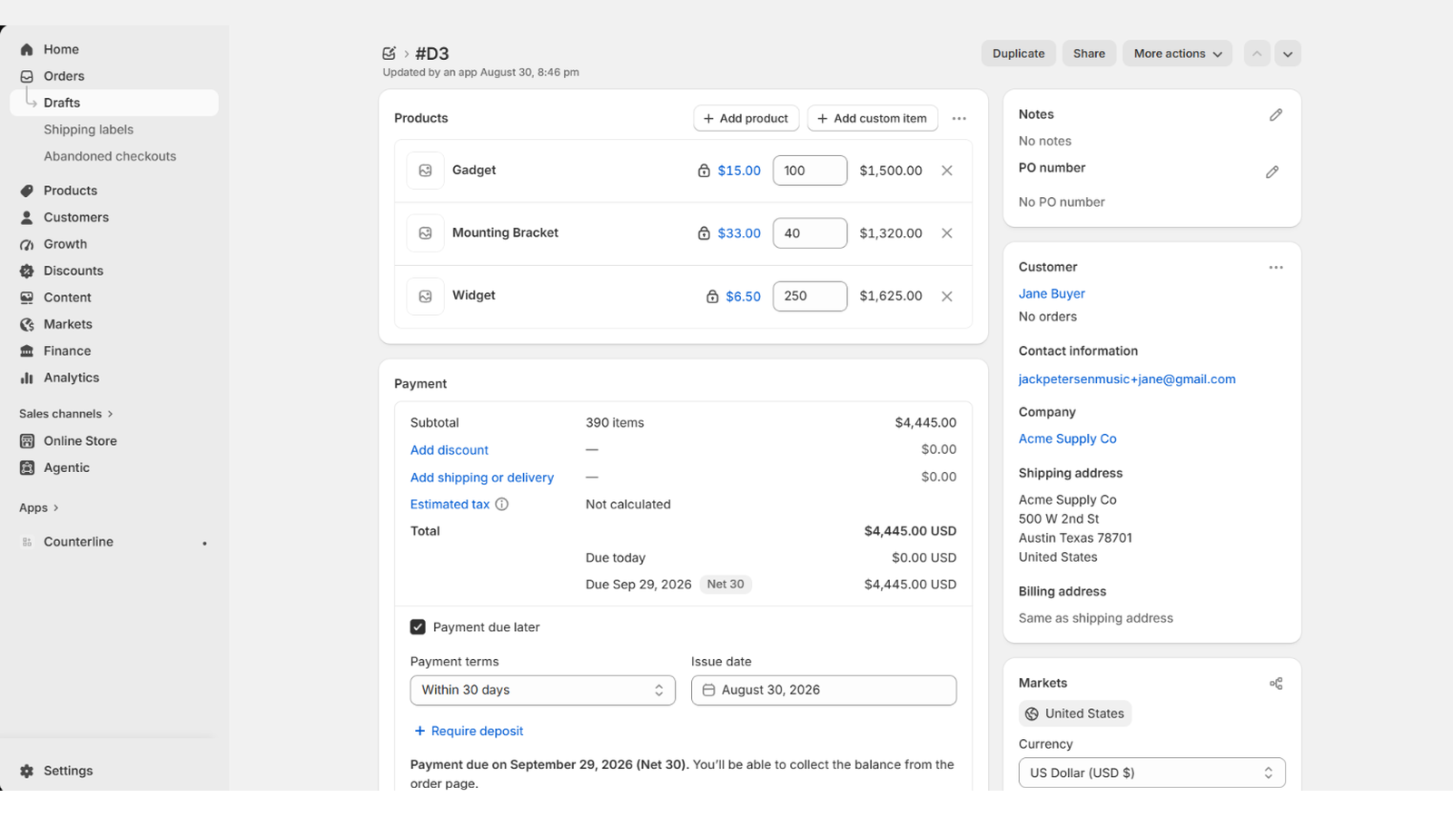 Draft order with locked prices, Net 30 and the company attached