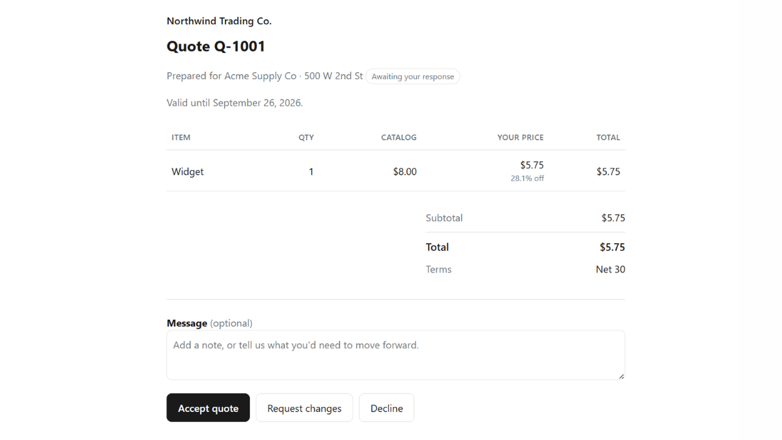 Buyer portal showing catalog price against the quoted price