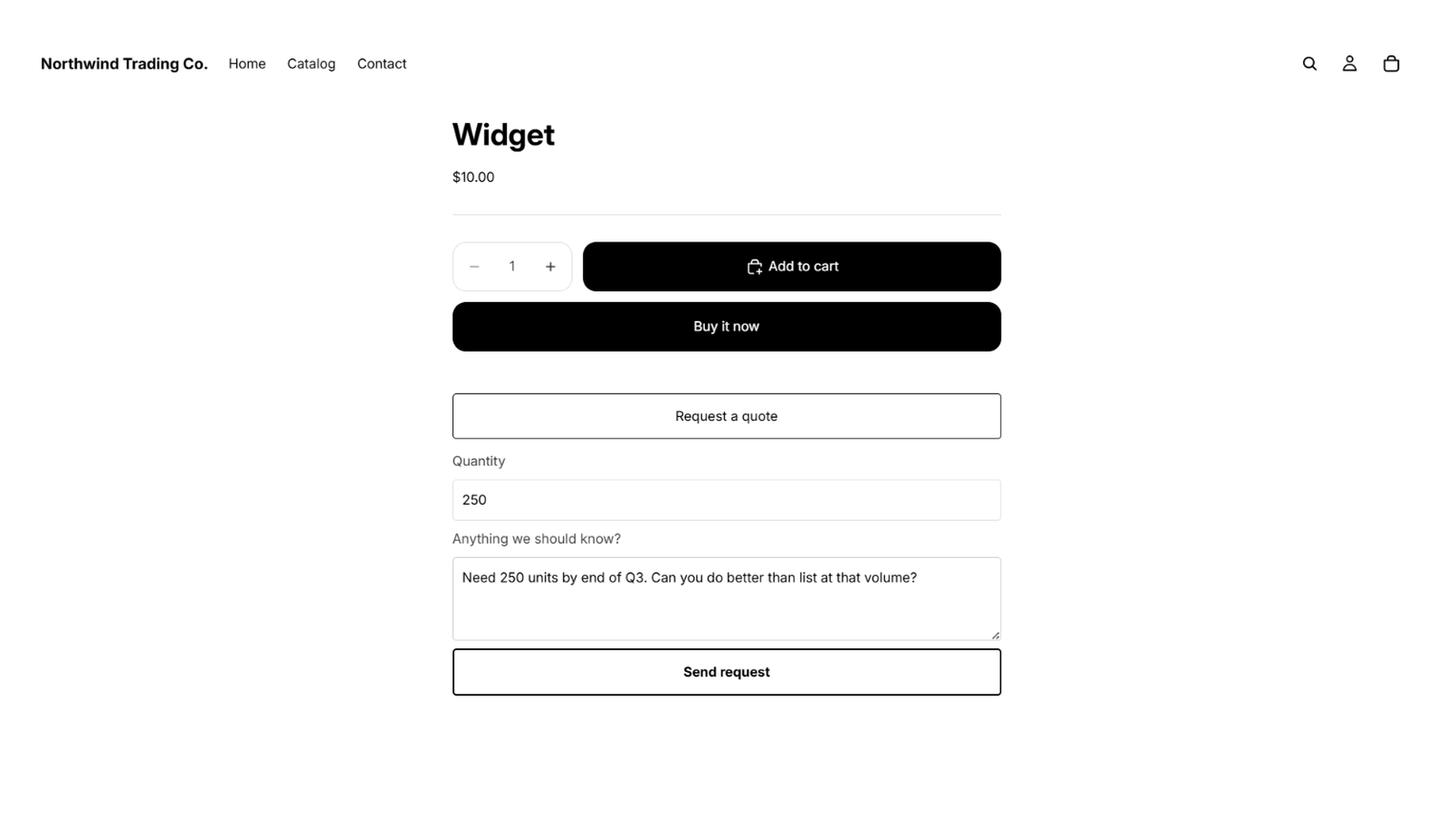 Request a quote form on a storefront product page